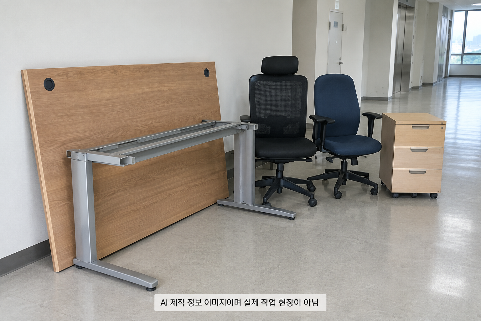 책상 프레임, 의자와 캐비닛을 보여 주는 사무가구 수거 안내 이미지