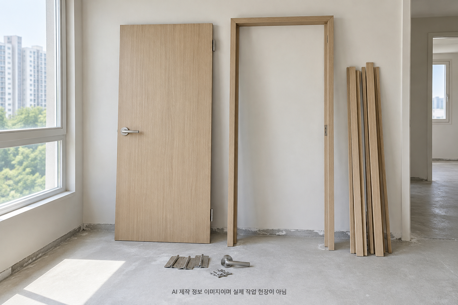 문짝과 문틀, 몰딩 및 금속 부속을 보여 주는 폐문짝 분리 안내 이미지