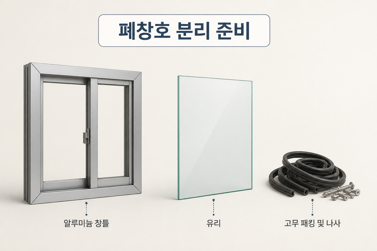 창틀 유리 고무 패킹과 나사를 구분해 보여주는 정보 이미지